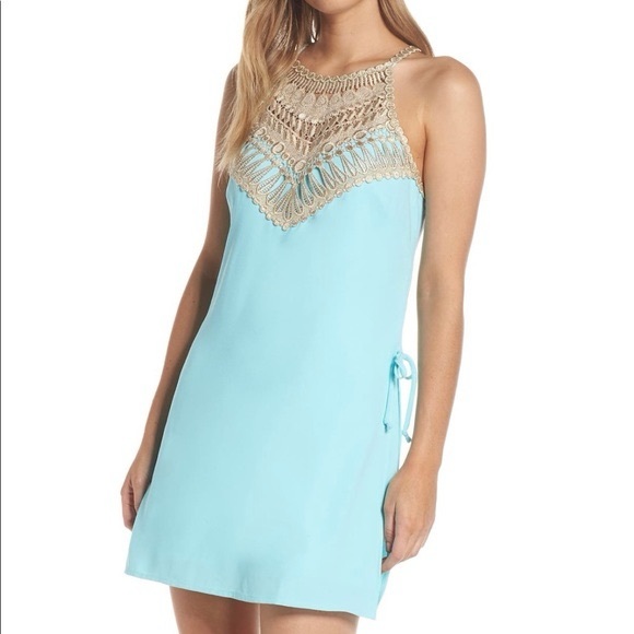 Lilly Pulitzer (8) “Pearl Romper” Bali Blue with Gold Lace Shift Dress w Shorts - Picture 1 of 7